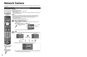 Page 363637
Viewing
 Network  Camera
Example of Network Camera connection
AV IN
Internet
Ethernet 
cableRouter Internet equipment
Set Internet setting (LAN) for 
connected equipment with Internet 
equipment if you need to. 
* You cannot set Internet setting from this TV
Cable/DSL 
modem
Back of the TV
Network Camera
VIERALink
■ Press to exit from 
a menu screen
■ Press to return 
to the previous 
screen
Preparations
 Internet connections (p. 35) 
 Example of Network Camera connection (p. 37)
 Network setting...