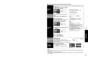 Page 555455
Advanced
 Lock
Lock
You can lock specified channels or shows to prevent children from watchin\
g objectionable content.
■ Press to exit from 
a menu screen
 
Caution
 Make a note of your password in case 
you forget it. (If you 
have forgotten your 
password, consult 
your local dealer.)
Note
 When you select a  locked channel,
a message will be 
displayed that allows 
you to view the 
channel if you input 
your password.
Display menu
Select “Lock”
Menu
VIERA Link Picture
Audio
Timer
Lock
SD card...