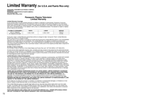 Page 727273
FAQs, etc.
 Customer Services Directory (for U.S.A. and Puerto Rico)
 Limited Warranty (for U.S.A. and Puerto Rico only)
Limited Warranty Coverage
If your product does not work properly because of a defect in materials \
or workmanship, Panasonic Consumer 
Electronics Company (referred to as “the warrantor”) will, for t\
he length of the period indicated on the chart below, 
which starts with the date of original purchase (“Limited Warranty period”), at its option either (a) repair your product...