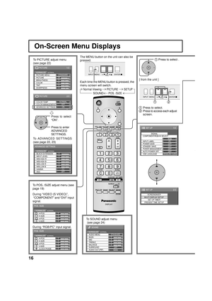 Page 1616
Normal Viewing PICTURE SETUP
SOUNDPOS. /SIZE
On-Screen Menu Displays
The MENU button on the unit can also be 
pressed.
Each time the MENU button is pressed, the 
menu screen will switch.
0
0
0
0
0
0
2.2 W/B LOW B BLACK EXTENSION
W/B HIGH B
W/B LOW R
AGC GAMMA INPUT LEVEL
W/B HIGH R
ADVANCED SETTINGS
NORMALNORMALIZE
OFF
To PICTURE adjust menu
(see page 22)
To ADVANCED  SETTINGS
(see page 22, 23)Press to select 
“ON”.
Press to enter 
ADVANCED 
SETTINGS.
1/2
PC
OFF
STANDBY SAVE
OFF
POWER MANAGEMENTOFF...