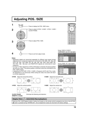 Page 1919
Adjusting POS. /SIZE
00000
NORMALNORMALIZE
POS. /SIZE
V-POS H-POS
V-SIZEH-SIZE
CLOCK PHASE
1Press to display the POS. /SIZE menu.
Press to select H-POS / H-SIZE / V-POS / V-SIZE / 
CLOCK PHASE.
Press to adjust POS. /SIZE.
Press to exit from adjust mode.
During “VIDEO (S VIDEO)”,
“COMPONENT” and “DVI” input signal.
During “RGB / PC” input signal.
3 2
Notes:
• Adjustment details are memorized separately for different input signal formats 
(Adjustments for component signals are memorized for 525 (480) /...