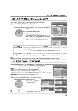 Page 3333
3:2 PULLDOWN / VIDEO NR COLOR SYSTEM / Panasonic AUTO
Select SIGNAL from the “SET UP” menu during VIDEO (S VIDEO) input
signal mode.(“SIGNAL [VIDEO]” menu is displayed.)
SET UP for Input Signals
Press to select the “COLOR SYSTEM” or “Panasonic 
AUTO”.
Press to select each function.
If the image becomes unstable:
With the system set on Auto, under conditions of low 
level or noisy input signals the image may in rare 
cases become unstable. Should this occur, set the 
system to match the format of the...