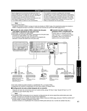 Page 4141
Funciones 
avanzadas
 Conexiones AV recomendadas
ANTENNACable In
TO
AUDIO
AMP
INPUT
INPUT  1
INPUT  2
AUDIO VIDEO
S VIDEOPROG
OUT
PRPBYR
R
RL
L
L
RLHDMI 2AUDIO INAV IN  1AV IN  2
RLHDMI 1AUDIO INDIGITALAUDIO OUT
• Los equipos HDMI individuales tal vez requieran configuraciones de menús específicas adicionales para cada 
modelo. Consulte sus manuales de instrucciones respectivos.
• Cuando el audio de otro equipo conectado a esta unidad a través de HDMI salga utilizando “DIGITAL AUDIO OUT” 
de esta...