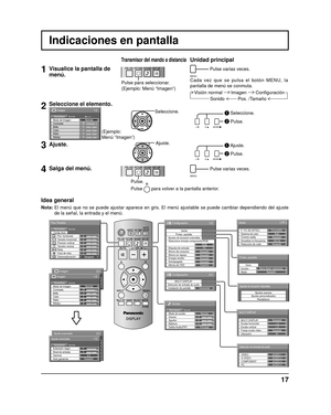 Page 181/2
Señal
Ajustes de duración extendida
Configuración
PC
Apagado
Ahorro en reposo Apagado
Energía monitorApagado
Autoapagado Apagado
Idioma de OSD Español
Seleccione entrada componente/RGB
RGB
Etiqueta de entrada Protec. pantalla
Ahorro de consumo
2/2 Configuración
MULTI DISPLAY
Selección de entrada de audio
Instalación de pantallaHorizontal
17
Indicaciones en pantalla
Transmisor del mando a distanciaUnidad principal
1Visualice la pantalla de 
menú.
Pulse para seleccionar.
(Ejemplo: Menú “Imagen”)
MENU...