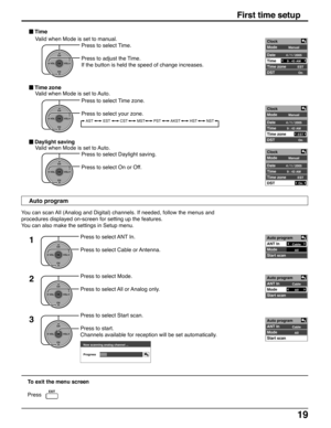 Page 1919
Now scanning analog channel ...
Progress
You can scan All (Analog and Digital) channels. If needed, follow the menus and
procedures displayed on-screen for setting up the features.
You can also make the settings in Setup menu.
Auto program
Press to select Time.
Press to adjust the Time.
If the button is held the speed of change increases.
 Time
Press to select Time zone.
Press to select your zone.
 Time zone
Press to select Daylight saving.
Press to select On or Off.
 Daylight saving...