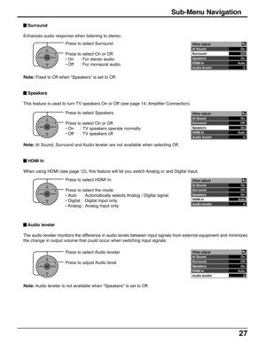 Page 2727
Sub-Menu Navigation
Press to select Surround.
Press to select On or Off.
• On : For stereo audio.
• Off : For monaural audio.
Press to select Speakers.
Press to select On or Off.
• On : TV speakers operate normally.
• Off : TV speakers off.
Press to select HDMI In.
Press to select the mode.
• Auto : Automatically selects Analog / Digital signal.
• Digital : Digital Input only.
• Analog : Analog Input only.
 Surround
Enhances audio response when listening to stereo.
 Speakers
This feature is used to...