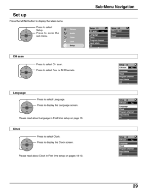 Page 2929
Sub-Menu Navigation
Set up
Press to select CH scan.
Press to select Fav. or All Channels.
Please read about Language in First time setup on page 18.
CH scan
Language
Clock
Press to select
Setup.
Press to enter the
sub-menu.
CH
VOL
CHVOL
OK
Picture
Audio
Timer
Lock
Setup
Fav. 
Setup   1/2
CH scan
 
Language
Clock
Program channel
Input labels
CC
Fav.
Setup   1/2
CH scan
 
Language
Clock
Program channel
Input labels
CCSetup   2/2
Other adjust
About
Reset
CH
VOL
CHVOL
OK
CH
VOL
CHVOL
OK
Press to select...