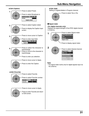 Page 3131
Press to select Signal meter.
Press to display signal meter. Press to select Preset.
Press to select Broadcast st.
Press to select Caption detail.
Press to display the Caption input
screen.
Press to move cursor to Caption.
Press to enter input field.
Press to select the character to
input/change.
Press to move to the character to
input/change.
Press to enter you selection.
Press to move cursor to Apply.
Press to enter the Caption.
Sub-Menu Navigation
 Edit (Caption)
Apply
Caption detail---- Caption...