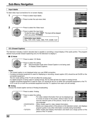 Page 3232
Press to select Input labels.
Press to enter the sub-menu field.
Press to select the Video input.
Press to select the input label.
•To skip the input, select ‘‘SKIP’’. The input will be skipped
when you press TV/VIDEO. To label video input connections for on-screen display.1
2
CH
VOL
CHVOL
OK
Fav.
Setup   1/2
CH scan
 
Language
Clock
Program channel
Input labels
CC
The television includes a built-in decoder that is capable or providing a visual display of the audio portion. The program
viewed must...