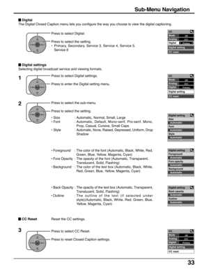 Page 3333
Sub-Menu Navigation
Press to select Digital.
Press to select the setting.
•Primary, Secondary, Service 3, Service 4, Service 5,
Service 6
• Size : Automatic, Normal, Small, Large
• Font :Automatic, Default, Mono-serif, Pro-serif, Mono,
Prop, Casual, Cursive, Small Caps
• Style :Automatic, None, Raised, Depressed, Uniform, Drop
Shadow
•Foreground : The color of the font (Automatic, Black, White, Red,
Green, Blue, Yellow, Magenta, Cyan)
•Fore Opacity : The opacity of the font (Automatic, Transparent,...