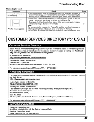 Page 4747
Troubleshooting Chart
Symptoms
Some parts of the screen
do not light up.
An after-image appears. Plasma Display panel
Check
• The plasma display panel is manufactured using an extremely high level of
precision technology; however, sometimes some parts of the screen may be
missing picture elements or have luminous spots. This is not a malfunction.
• Do not allow a still picture to be displayed for an extended period, as this can
cause a permanent after-image to remain on the Plasma TV.
Examples of...