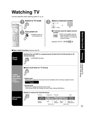 Page 13Quick Start Guide
Viewing
13
 Watching TV First Time  Setup
-
15-2 
ABC - HD - 10:30 Andrew ’ s cooking show 
1080I  T V -G Standard 4 : 3 
10:00 am 
30 
CC SAP 
3
Watching TV
Switch to TV mode
1
2
up
down
or
Connect cable Box when watching cable TV. (p. 9)
Select a channel number
■ To directly input the digital channel 
number
-
example: CH15-1:   - 
Turn power on
• POWER button on 
unit should be On.
Rating LevelPicture
mode Signal 
resolution
■ Other Useful Functions (Operate after )
• 0/30/60/90...