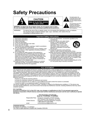 Page 44
Safety Precautions
WARNING: To reduce the risk of electric shock, do not remove cover or back.
No user-serviceable parts inside. Refer servicing to qualified service personnel.
1)  Read these instructions.
2)  Keep these instructions.
3)  Heed all warnings.
4)  Follow all instructions.
5)  Do not use this apparatus near water.
6)  Clean only with dry cloth.
7)  Do not block any ventilation openings. Install in accordance 
with the manufacturer’s instructions.
8)  Do not install near any heat sources...