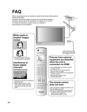 Page 4040
The remote control
does not work
• Are the batteries installed correctly? (p. 6)
• Has the battery run down? 
• Has the TV POWER button been turned On?
• To operate external equipment of other
manufacturers, register the
remote control codes. (p. 29)
Pictures from external 
equipment are distorted 
when the unit is 
connected via HDMI
• Is the HDMI cable connected properly?
(p. 20-21, 30-31)
• Turn Off the TV unit and equipment,
then turn them On again.
• Check an input signal from the equipment.
(p....