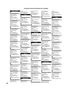 Page 4646
Customer Services Directory (for Canada)
British Columbia
a 
Audio Video Electronics
4450 Juneau Street
Burnaby, BC V5C 4C8
Canada
Bus: (604) 299-6969
Bus Fax: (604) 299-8464
E-mail:
audio_video_electronics@yahoo.com
A-Z Tech Electronics
3356 Tennyson Avenue
Victoria, BC V8Z 3P6
Canada
Bus: (250) 475-3341
Bus Fax: (250) 475-3315
E-mail: a-ztech@islandnet.com
g
GS Audio Services Ltd.
10511 King George Hwy
Surrey, BC V3T 2X1
Canada
Bus: (604) 582-4833
Bus Fax: (604) 951-9183
E-mail:...