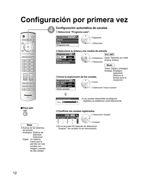 Page 6012
Ajuste inicial
Idioma
Reloj
Programa auto
Escaneando canales análogos...
Progress 
Programa auto
Ent. ANT
Modo
Iniciar escaneo
Cable
To d o s
Programa auto
Ent. ANT
Modo
Iniciar escaneo
Cable
To d o s
- - - 
2 
Editar 
 
Favoritos 
 Aceptar 
 
No 
Sí Agregar 
 
-
Configuración por primera vez
Ent. ANT
Cable: Televisión por cable
Antena: Antena
Modo
Todos: Digital y analógico
Análogo:  Analógico 
solamente 
(Reduce el 
tiempo para la 
recepción)
Configuración automática de canales
4
 Establezca...