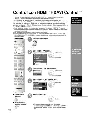 Page 6618
-
Ajuste
Otros ajustes
Acerca de
Restaurar
Otros ajustes 
Autoencendido 
 
Barra Iateral No
No
Para prog-out 
NoSí
Fijar
Fijar Ctrl con HDMI 
Apaga control 
Prende control 
Menú
Altavoces ext.
Imagen
Audio
Bloqueo
Ajuste Cronόmetro
 Seleccione
 Siguiente
Control con HDMI “HDAVI Control”
*  Control simultáneo de todos los componentes de Panasonic equipados con 
“HDAVI Control” utilizando un botón de un mando a distancia.
Los productos de audio-vídeo de Panasonic más recientes equipados con 
conexiones...