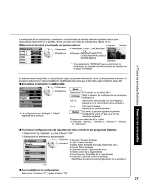 Page 7527
Funciones avanzadas
 Títulos de entradas/Subtítulos
Aj. digitales
Tamaño
Letra
EstiloAutomático
Automático
Automático
BRINCAR
BRINCAR
DVD
VCR
SKIP
Títulos de ent.
Comp. 1
Comp. 2
HDMI 
Video 1
Video 2
CC 
Modo 
Análogo 
Digital 
Aj. digitales 
Inicializar CC 
No
CC1 
Principal
Video 1
VCR
■ Para hacer configuraciones de visualización más a fondo en los programas digitales
 Seleccione “Aj. digitales” y pulse el botón “OK”.
 Seleccione el elemento y establézcalo.
Las etiquetas de los dispositivos...