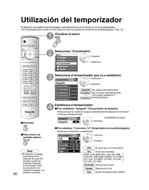 Page 7628
-
Menú
Imagen
Audio
Bloqueo
Ajuste
Cronόmetro
Cronómetro
Apagado
Cronómetro 1
Cronómetro 2
Cronómetro 3
Cronómetro 4
Cronómetro 5
60 Apagado
Apagado
310 - 1
C/U VIE
10:00 AM
11:00 AM
Sí Cronómetro 1
CNL
Día
Encender
Apagar
Fijar
DOM, LUN, MAR, MIE, JUE, VIE, SAB, 
LUN-VIE, SAB-DOM, DIARIO, C/U DOM, 
C/U LUN, C/U MAR, C/U MIE, C/U JUE, 
C/U VIE, C/U SAB
Utilización del temporizador
Seleccione “Cronómetro”.
Seleccione el temporizador que va a establecer.
3
2
Establezca el temporizador.
4
Seleccione...