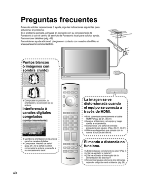 Page 8840
El mando a distancia no 
funciona.
• ¿Están instaladas correctamente las pilas? (Pág. 6)
• ¿Se ha agotado la batería?
• ¿Se ha activado el interruptor de la 
alimentación del televisor?
• Para controlar equipos externos de otros fabricantes, 
registro los códigos de mando a distancia. (pág. 29)
La imagen se ve 
distorsionada cuando 
el equipo se conecta a 
través de HDMI.
•Está conectado correctamente el cable 
HDMI? (Pág. 20-21, 30-31)
• Apague el televisor y el equipo y luego 
vuelva a encenderlos....