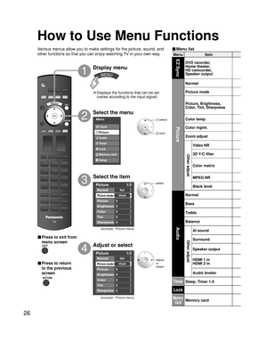 Page 2626
Menu ItemEZ Sync
DVD recorder, 
Home theater, 
HD camcorder, 
Speaker output
Picture
Normal 
Picture mode
Picture, Brightness,
Color, Tint, Sharpness
Color temp.
Color mgmt.
Zoom adjust
Other adjust
Video NR
3D Y/C filter 
Color matrix
MPEG NR
Black level
Audio
Normal
Bass
Treble
Balance
Other adjust
AI sound
Surround
Speaker output
HDMI 1 in
HDMI 2 in
Audio leveler
TimerSleep, Timer 1-5
Lock
Memory
CardMemory card
Picture    1/2
Normal
Picture mode
Picture
Brightness
Color
Set
Vivid
0
0
0
Tint0...