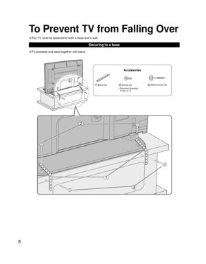 Page 88
• Fix pedestal and base together with band.
Securing to a base
To Prevent TV from Falling Over
• The TV must be fastened to both a base and a wall.
 Band (2) Screw (2)  Wood screw (2)
Accessories
•  Nominal diameter
4 mm x 12  