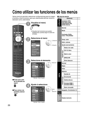 Page 2726
Menú ElementoEZ Sync
Grabador DVD, 
Cine para casa, 
Videocámara HD,
Salida altavoz
Imagen
Normal
Modo
Contraste, Brillo,
Color, Tinte,Nitidez
Temp. color
Admi. colores
Ajuste acercamiento
Otros ajustes
Reduc de ruido
3D Y/C filtro 
Matriz color
MPEG NR
Nivel obscuro
Audio
Normal
Bajos
Altos
Balance
Otros ajustes
Sonido IA
Envolvente
Salida altavoz
Entrada HDMI 1
Entrada HDMI 2
Norm. de audio
CronómetroApagado, Cronómetro1-5
Bloqueo
Tarjeta 
memoria
Tarjeta memoria
Imagen 1/2 
Normal 
Modo 
Contraste...