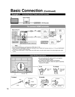 Page 1616
To connect HDMI terminals
VIDEO
S VIDEO
HDMI 2AUDIO INAV IN  1AV IN  2
RLHDMI 1AUDIO INDIGITALAUDIO OUT
ANTENNACable In
Basic Connection (Continued)
Example 4Connecting Home Theater and DVD recorder
Home Theater
DVD Recorder TV
DIGITAL
AUDIO IN
DVD RecorderHome Theater
(AV amp)
HDMI
AV OUTHDMI
AV IN
HDMI
AV OUT
• It is recommended that you use Panasonic’s HDMI cable. (P. 28)
• When Using the COMPONENT VIDEO OUT terminals or the S VIDEO OUT terminal, refer to p. 13 “To use COMPONENT 
terminals” or “To...
