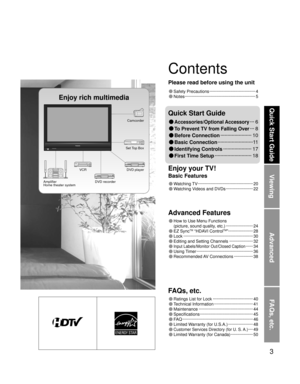 Page 33
Viewing
Advanced
FAQs, etc.
Quick Start Guide
Contents
Enjoy rich multimedia
Camcorder
Amplifier
Home theater systemVCR
DVD recorderSet Top Box
• Watching TV ··············································· 20
• Watching Videos and DVDs ······················· 22
• How to Use Menu Functions 
(picture, sound quality, etc.) ······················· 24
• EZ SyncTM “HDAVI ControlTM” ····················· 28
• Lock ··························································· 30
• Editing and Setting Channels...