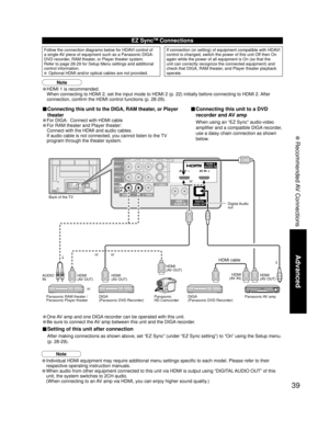 Page 3939
Advanced
 Recommended AV Connections
ANTENNACable InTO
AUDIO
AMP
INPUT  1
INPUT  2
AUDIO VIDEO
S VIDEOPROG
OUT
PRPBYR
R
RL
L
L
RLHDMI 2AUDIO INAV IN  1AV IN  2
RL
HDMI 1AUDIO INDIGITALAUDIO OUT
• Individual HDMI equipment may require additional menu settings specific to each model. Please refer to their 
respective operating instruction manuals.
• When audio from other equipment connected to this unit via HDMI is output using “DIGITAL AUDIO OUT” of this 
unit, the system switches to 2CH audio.
  (When...