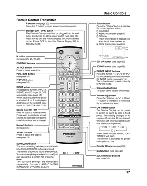 Page 1717
Standby (ON / OFF) button
The Plasma Display must ﬁ rst be plugged into the wall 
outlet and turned on at the power switch (see page 13).
Press ON to turn the Plasma Display On, from Standby 
mode. Press OFF to turn the Plasma Display Off to 
Standby mode.
SET UP button  (see page 23)
SOUND button  (see page 28)
DIRECT INPUT buttons
Press the INPUT “1”, “2”, “3” or “PC” 
input mode selection button to select 
the INPUT mode. (see page 15)
This button is used to switch directly 
to INPUT mode.
Channel...