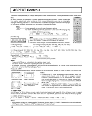 Page 18INPUT MENUENTER/+/VOL-/
18
ASPECT Controls
The Plasma Display will allow you to enjoy viewing the picture at its ma\
ximum size, including wide screen cinema format picture .
Note:
Be aware that if you put the display in a public place for commercial pu\
rposes or a public showing and 
then use the aspect mode select function to shrink or expand the picture\
, you may be violating the 
copyright under copyright law. It is prohibited to show or alter the copyrighted materials of other p\
eople 
for...