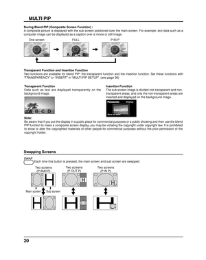 Page 2020
MULTI PIP
Swapping Screens
 Each time this button is pressed, the main screen and sub screen are swa\
pped.
Two screens
(P AND  P)
Main screen Sub screen
Two screens(P OUT P) Two screens
(P IN P)
During Blend PIP (Composite Screen Function) :
A
 composite picture is displayed with the sub screen positioned over the \
main screen. For example, text data such as a 
computer image can be displayed as a caption over a movie or still image\
.
One screen FULLP IN P
Transparent Function and Insertion...