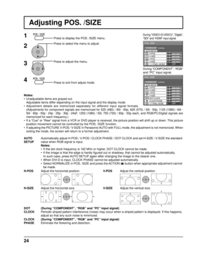 Page 240
NORMALNORMALIZE
AUTO SETUP
POS. /SIZE
V-POS
0
H-POS
V-SIZEDOT CLOCK H-SIZE
CLOCK PHASE
1:1 PIXEL MODEOFF
000
0
0 
0 
0 
NORMAL NORMALIZE 
POS. /SIZE 
V-POS  H-POS 0 
V-SIZE  H-SIZE 1:1 PIXEL MODE OFF 
AUTO SETUP
24
Adjusting POS. /SIZE
1Press to display the POS. /SIZE menu.
Press to select the menu to adjust.
Press to adjust the menu.
Press to exit from adjust mode.
During “VIDEO (S VIDEO)”, “
Digital”, 
“SDI” and “HDMI” input signal.
During “COMPONENT”, “RGB” 
and “PC” input signal.
Notes:
•...