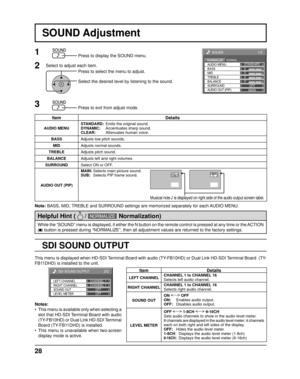 Page 280 
0 
0 
1/2
SOUND 
NORMAL NORMALIZE STANDARD 
OFF 
TREBLE  AUDIO MENU 
BALANCE  BASS 
0 
MID 
SURROUND 
MAIN 
AUDIO OUT (PIP) 
28
SOUND Adjustment
Note: BASS, MID, TREBLE and SURROUND settings are memorized separately for each AUDIO MENU.
1Press to display the SOUND menu.
Press to select the menu to adjust.
Select the desired level by listening to the sound.
Press to exit from adjust mode.
2Select to adjust each item.
While the “SOUND” menu is displayed, if either the N button on the\
 remote control is...