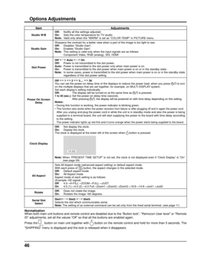 Page 4646
ItemAdjustments
Studio W/BOff:  Nullify all the settings adjusted.
On:  Sets the color temperature for TV studio.
Note:  Valid only when the “WARM” is set as “COLOR TEMP” in PICTURE menu.
Studio Gain Sharpens the contrast for a better view when a part of the image is too \
light to see.
Off: Disables “Studio Gain”.
On: Enables “Studio Gain”.
Note:  This setting is valid only when the input signals are as follows:
    Component Video, RGB (analog), SDI, HDMI
Slot Power Off  Auto  On
 
Off:  Power is...