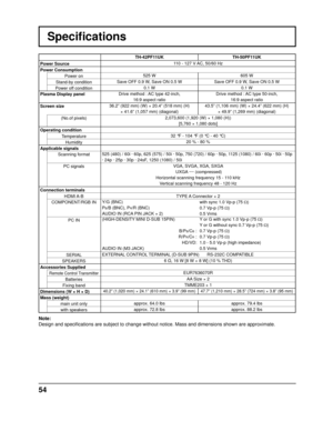 Page 5454
TH-42PF11UKTH-50PF11UK
Power Source  110 - 127 V AC, 50/60 Hz
Power Consumption Power on 525 W
605 W
Stand-by condition Save OFF 0.9 W, Save ON 0.5 W
Save OFF 0.9 W, Save ON 0.5 W
Power off condition 0.1 W
0.1 W
Plasma Display panel Drive method : AC type 42-inch, 
16:9 aspect ratio Drive method : AC type 50-inch, 
16:9 aspect ratio
Screen size 36.2” (922 mm) (W) × 20.4” (518 mm) (H) 
× 41.6” (1,057 mm) (diagonal) 43.5” (1,106 mm) (W) × 24.4” (622 mm) (H) 
× 49.9” (1,269 mm) (diagonal)
(No.of pixels)...