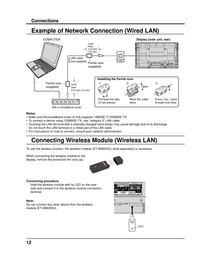 Page 1212
Example of Network Connection (Wired LAN)
Connections
To use the wireless function, the wireless module (ET-WM200U) (sold separately) is necessary.
When connecting the wireless module to the 
display, remove the protective ﬁ lm and cap.
Connecting procedure Hold the wireless module with its LED on the near 
side and connect it to the wireless module connection 
terminal.
Note:
Do not connect any other device than the wireless 
module (ET-WM200U).
Display (main unit, rear)
Hub or broadband router LAN...