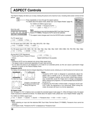 Page 18INPUT MENUENTER/+/VOL-/
18
ASPECT Controls
The Plasma Display will allow you to enjoy viewing the picture at its ma\
ximum size, including wide screen cinema format 
picture.
Press repeatedly to move through the aspect options:
For details about the aspect mode, please see “List of Aspect Modes” (page 45). 
Panasonic AUTO
The display will automatically become enlarged (depending on the pictur\
e source), allowing you to view the picture at its maximum size.
Panasonic AUTO41 6
39Notes:
• Panasonic AUTO...