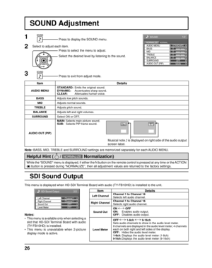 Page 260 
0 
0 
1/2
SOUND 
NORMAL NORMALIZE STANDARD 
OFF 
TREBLE  AUDIO MENU 
BALANCE  BASS 
0 
MID 
SURROUND 
MAIN 
AUDIO OUT (PIP) 
26
SOUND Adjustment
Note: BASS, MID, TREBLE and SURROUND settings are memorized separately for each AUDIO MENU.
1Press to display the SOUND menu.
Press to select the menu to adjust.
Select the desired level by listening to the sound.
Press to exit from adjust mode.
2Select to adjust each item.
While the “SOUND” menu is displayed, if either the N button on the\
 remote control is...