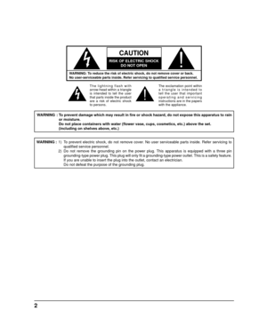 Page 22
WARNING: To reduce the risk of electric shock, do not remove cover or back.
No user-serviceable parts inside. Refer servicing to qualiﬁ ed service personnel.
The lightning flash with 
arrow-head within a triangle 
is in  tend  ed to tell the user 
that parts inside the product 
are a risk of electric shock 
to per sons. The exclamation point within 
a triangle is intended to 
tell the user that important 
operating and servicing 
instructions are in the papers 
with the ap pli ance.
CAUTION
RISK OF...