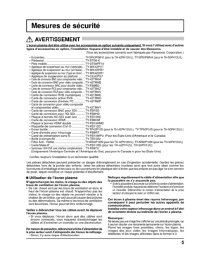 Page 325
L’écran plasma doit être utilisé avec les accessoires en opti\
on suivants uniquement. Si vous l’utilisez avec d’autres 
types d’accessoires en option, l’installation risquera d’êtr\
e instable et de causer des blessures.  
(Tous les accessoires suivants sont fabriqués par Panasonic Corporation\
.)
•   Enceintes  .................................................  
TY-SP42P8W-K (pour le TH-42PH12U/L), TY-SP50P8W-K (pour le TH-50PH12U/L)•   Piédestal .....................................................