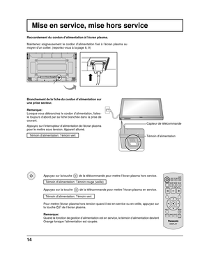 Page 41INPUT MENUENTER/+/
VOL-/
14
Mise en service, mise hors service 
Raccordement du cordon d’alimentation à l’écran plasma.
Maintenez soigneusement le cordon d’alimentation  ﬁ xé à l’écran plasma au 
moyen d’un collier. (reportez-vous à la page 8, 9)
Branchement de la ﬁ   che du cordon d’alimentation sur 
une prise secteur.
Remarque: 
Lorsque vous débranchez le cordon d’alimentation, faites-
le toujours d’abord par sa  ﬁ che branchée dans la prise de 
courant.
Appuyez sur l’interrupteur d’alimentation de...