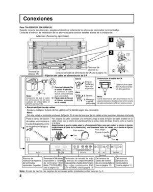 Page 912
SERIAL
PC    IN
AUDIO
SLOT1 SLOT3
PR/CR/R PB/CB/BY/GAUDIORLCOMPONENT/RGB INSLOT2
1
2
1
2
1
2
8
Conexiones
– Banda de ﬁ  jación de cables
  Asegure cualquier exceso de los cables con la banda según sea necesar\
io.
Nota:Asegúrese de que el cable 
de alimentación de CA esté 
sujetado en ambos lados, el 
derecho y el izquierdo.
Empuje 
hasta que 
haga clic 
el gancho.
2. Quítelo.
1.  
Mantenga 
la perilla 
presionada.
Cierre
Abra
1 Conecte el cable de CA a  la unidad de pantalla.
  Al conectar el cable...