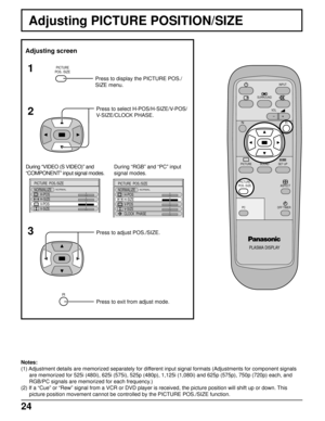 Page 2424
Adjusting PICTURE POSITION/SIZE
PLASMA DISPLAY
SURROUND
VOL
N
PICTURE
SOUNDSET UP
OFF TIMER
PC
INPUT
ASPECT
PICTURE
POS. /SIZE
R
Adjusting screen
PICTURE
POS. /SIZE
Press to display the PICTURE POS./
SIZE menu.
NORMAL
PICTURE  POS./SIZE
NORMALIZE
H-POS
H-SIZE
V-POS
V-SIZE
NORMAL
PICTURE  POS./SIZE
NORMALIZE
H-POS
H-SIZE
V-POS
V-SIZE
CLOCK  PHASE
Press to adjust POS./SIZE.
Notes:
(1) Adjustment details are memorized separately for different input signal formats (Adjustments for component signals
are...