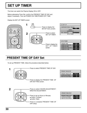 Page 3030
PRESENT TIME OF DAY Set
SET UP TIMER
The timer can switch the Plasma Display ON or OFF.
Before attempting Timer Set, confirm the PRESENT TIME OF DAY and
adjust if necessary. Then set POWER ON TIME/POWER OFF TIME.
Display the SET UP TIMER screen
To set up PRESENT TIME, follow the procedure described below.
Press to set up Hours or Minutes.
 button: Forward
 button: Back
SET UP
SURROUND
VOL
NR
PICTURE
INPUT
SOUNDSET UP
PRESENT TIME SETUP
PRESENT TIME OF DAY
HOURS ADJUSTMENT99 : 99
     00
MINUTES...