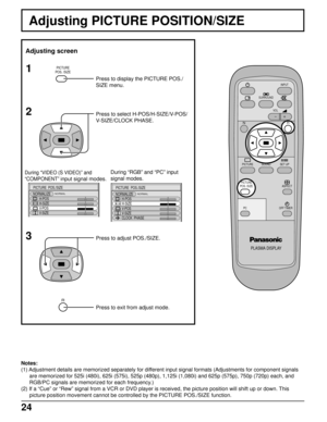 Page 2424
Adjusting PICTURE POSITION/SIZE
PLASMA DISPLAY
SURROUND
VOL
N
PICTURE
SOUNDSET UP
OFF TIMER
PC
INPUT
ASPECT
PICTURE
POS. /SIZE
R
Adjusting screen
PICTURE
POS. /SIZE
Press to display the PICTURE POS./
SIZE menu.
NORMAL
PICTURE  POS./SIZE
NORMALIZE
H-POS
H-SIZE
V-POS
V-SIZE
Press to adjust POS./SIZE.
Notes:
(1) Adjustment details are memorized separately for different input signal formats (Adjustments for component signals
are memorized for 525i (480i), 625i (575i), 525p (480p), 1,125i (1,080i) and 625p...