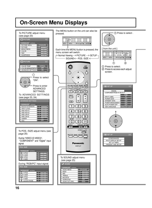 Page 1616
Normal Viewing PICTURE SETUP
SOUNDPOS. /SIZE
On-Screen Menu Displays
The MENU button on the unit can also be 
pressed.
Each time the MENU button is pressed, the 
menu screen will switch.
0
0
0
0
0
0
2.2
W/B LOW B BLACK EXTENSION
W/B HIGH B
W/B LOW R
AGC GAMMA INPUT LEVEL
W/B HIGH R
ADVANCED SETTINGS
NORMALNORMALIZE
OFF
To PICTURE adjust menu
(see page 23)
To ADVANCED  SETTINGS
(see page 23, 24) Press to select 
“ON”.
Press to enter 
ADVANCED 
SETTINGS.
1/2
PC
OFF
STANDBY SAVE OFF
POWER MANAGEMENTOFF...