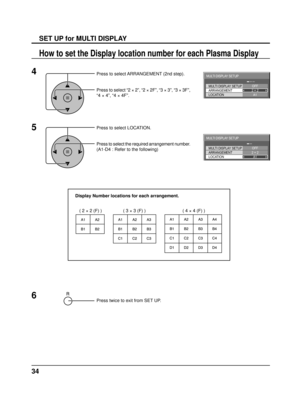 Page 3434
SET UP for MULTI DISPLAY
Press to select ARRANGEMENT (2nd step).
Press to select “2 × 2”, “2 × 2F”, “3 × 3”, “\
3 × 3F”, 
“4 × 4”, “4 × 4F”.
Press to select LOCATION.
Press to select the required arrangement number. 
(A1-D4 : Refer to the following)
How to set the Display location number for each Plasma Display 
Display Number locations for each arrangement.Press twice to exit from SET UP.
4
5
LOCATION  MULTI DISPLAY SETUP 
ARRANGEMENT  OFF 
2 × 2  A1 
MULTI DISPLAY SETUP 
2 × 2 A1 
LOCATION  MULTI...