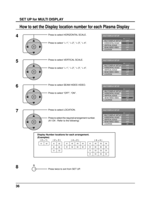 Page 3636
SET UP for MULTI DISPLAY
How to set the Display location number for each Plasma Display 
Display Number locations for each arrangement.
(Examples)Press twice to exit from SET UP.
4
7
MULTI DISPLAY SETUP  OFF 
OFF 
A1 
LOCATION 
MULTI DISPLAY SETUP 
HORIZONTAL SCALE 
VERTICAL SCALE 
SEAM HIDES VIDEO  × 2 
× 2 
MULTI DISPLAY SETUP 
OFF 
OFF 
A1 
LOCATION 
MULTI DISPLAY SETUP 
HORIZONTAL SCALE 
VERTICAL SCALE 
SEAM HIDES VIDEO  × 2 
× 2 
( 2 × 1) ( 2 × 3 )( 4 × 4 )
8
Press to select HORIZONTAL SCALE....